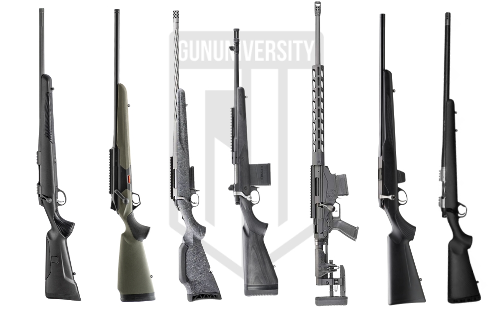 Five bolt-action hunting rifles displayed on a wooden gun rack