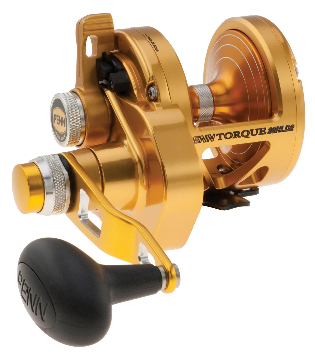 Heavy conventional fishing reels mounted on rods in a deep sea boat rod rack
