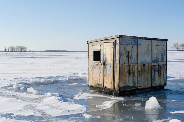 Portable ice fishing shelter set up on a frozen lake with an angler drilling a hole nearby during an overcast winter day