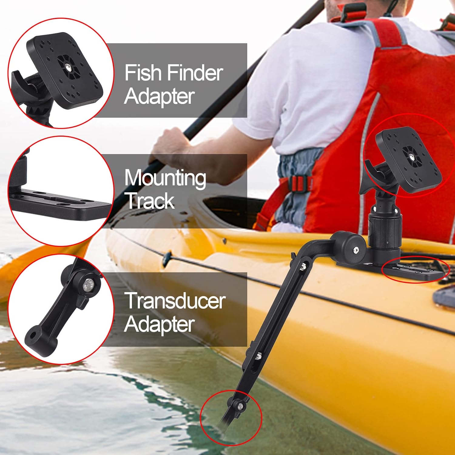 Fish finder mounted on a kayak gunwale displaying sonar returns on calm water with fishing rods in the background