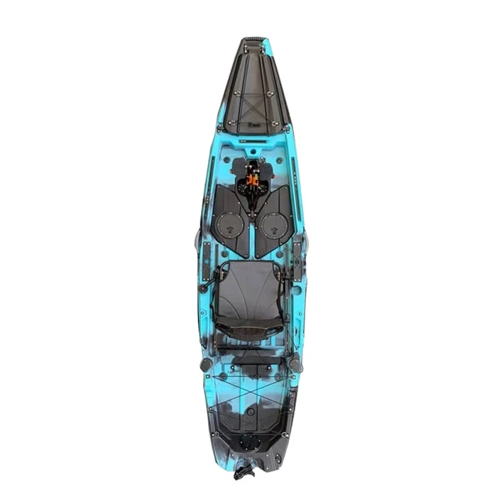 Pedal drive fishing kayak on calm lake water at sunrise with fishing rod holders visible