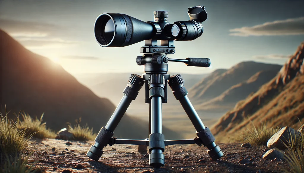 Angled spotting scope on a tripod overlooking a vast mountain basin during an early morning western hunt