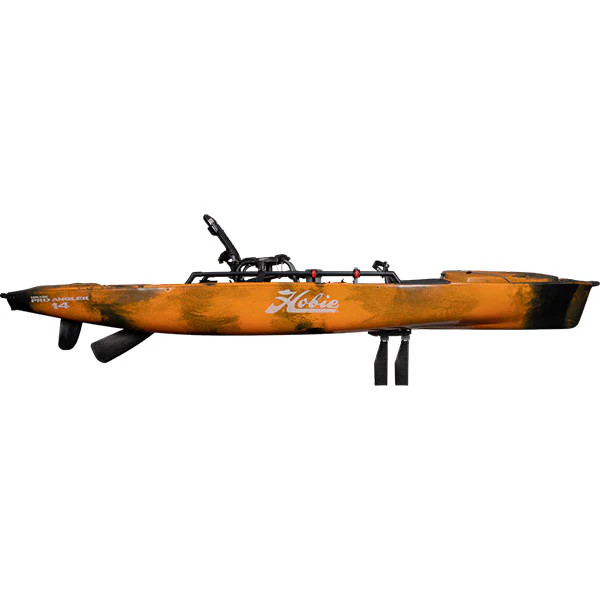 Hobie Mirage Pro Angler 14 fishing kayak loaded with gear on calm water at dawn