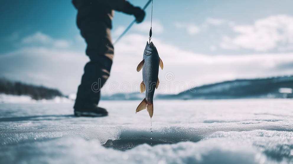 Beginner ice angler jigging through a hole on a frozen lake with a portable shelter and auger in the background