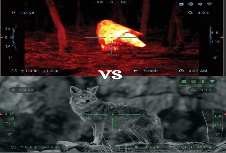 Side-by-side comparison of thermal and night vision views while hunting at dusk