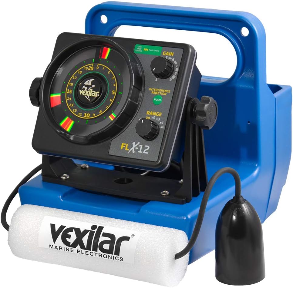 Vexilar FLX-28 flasher display showing fish marks inside an ice fishing shelter