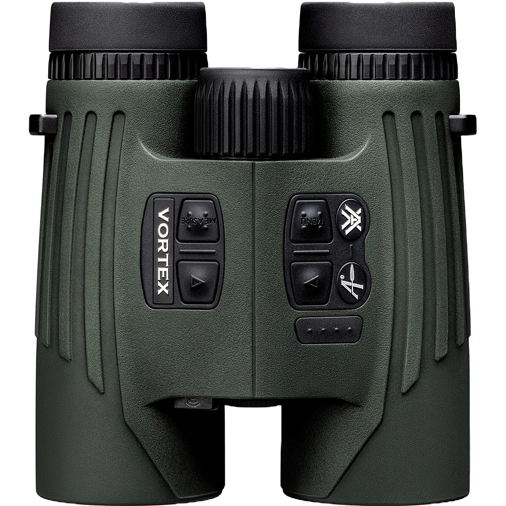 Vortex Fury HD 5000 AB rangefinding binoculars on a rock with open mountain terrain behind