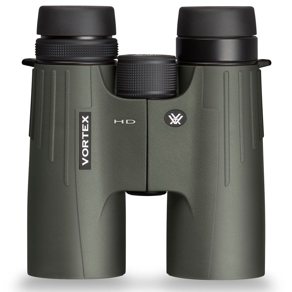 Vortex Viper HD 10x42 binoculars on a rock overlooking a mountain valley