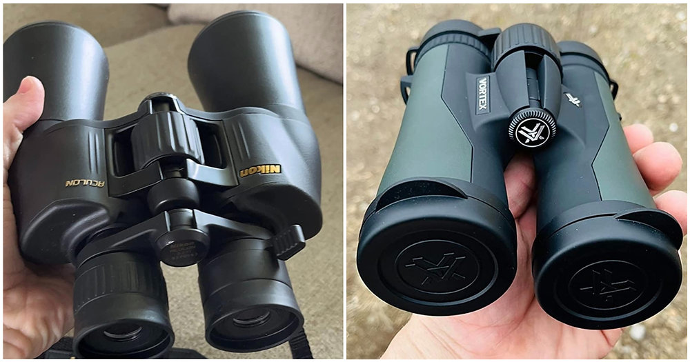 Vortex Viper HD and Maven B.2 binoculars side by side on a rock
